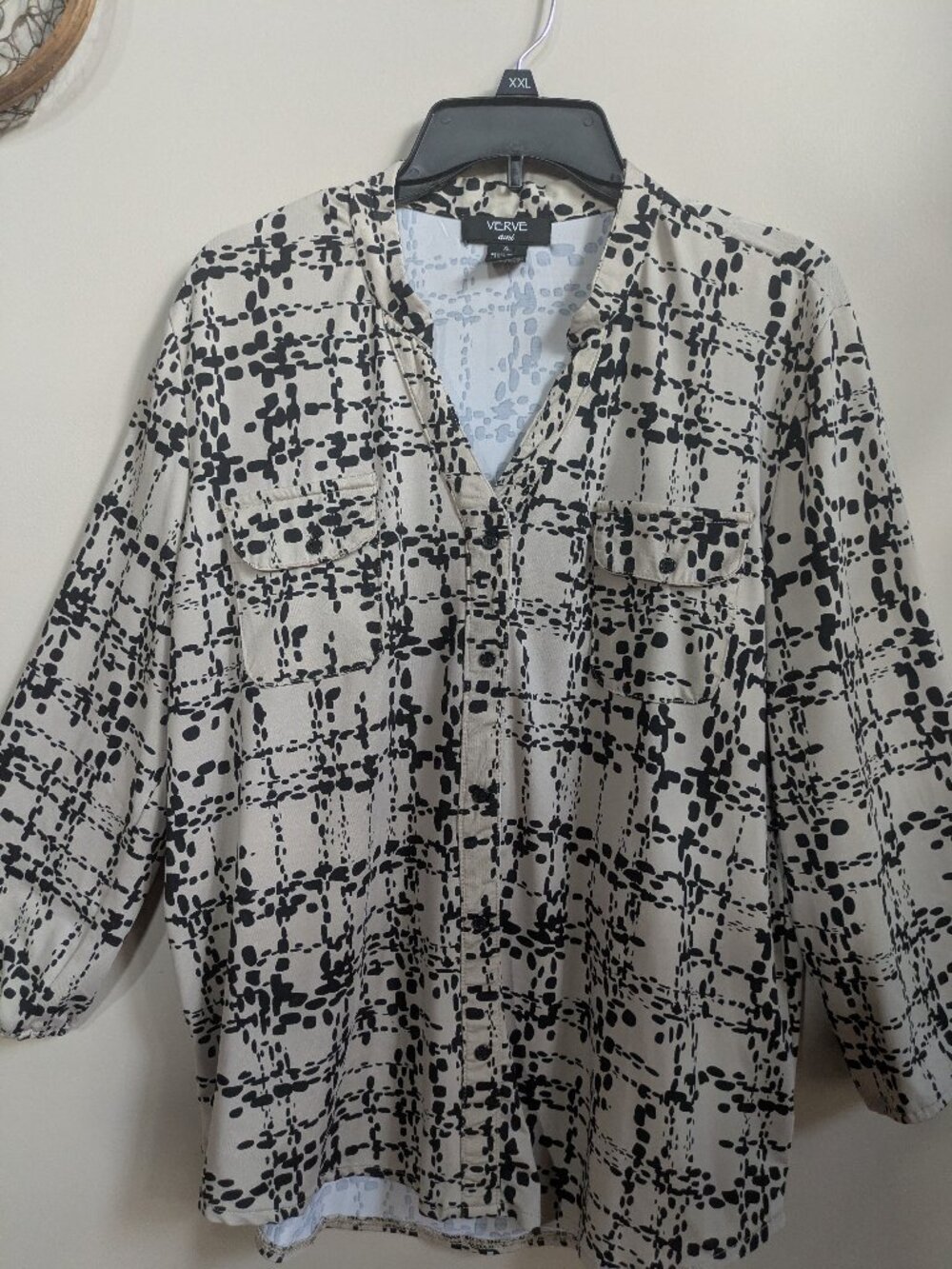 verve ami tan black splatter design button front pockets size xl #465